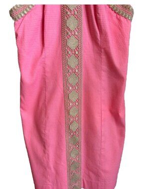 Lilly Pulitzer Pink Gold Sleeveless Shift Dress Cross Back Trim Casual Chic